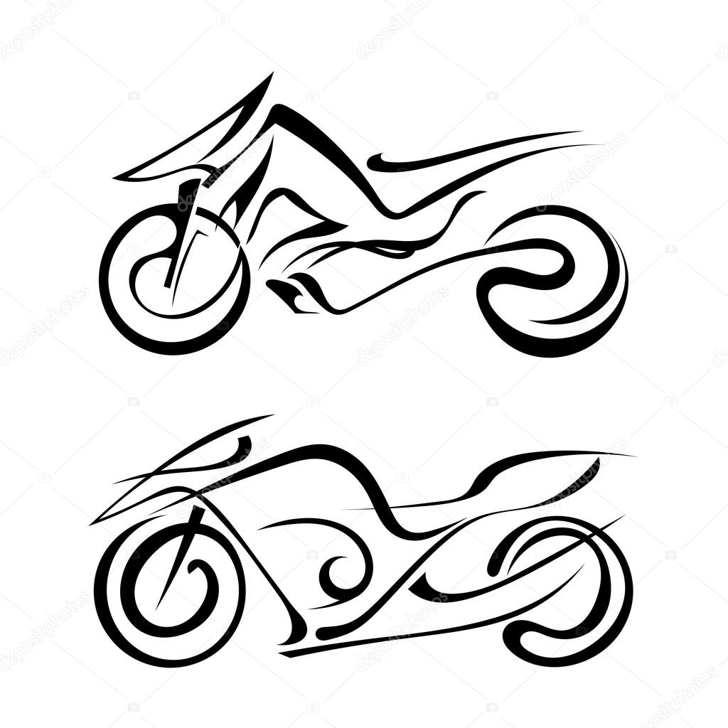 Two black silhouette of a motorcycles on a white background