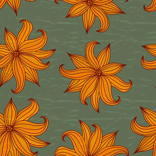 Texture verte sans couture avec des lis orange. Illustration vectorielle . — Image vectorielle