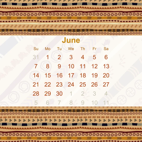 Calendario diseñado en el estilo de Tribal. 2015. Junio. Etno. Vec — Archivo Imágenes Vectoriales