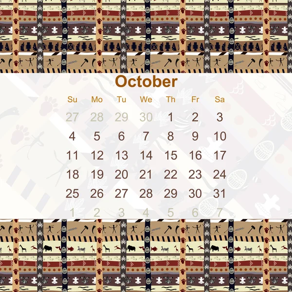 Calendário projetado no estilo de Tribal. Em 2015. Outubro. Etno . —  Vetores de Stock