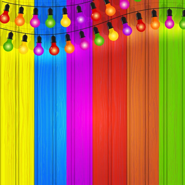 Guirnaldas coloridas de luces en el fondo de madera de color. Vec — Archivo Imágenes Vectoriales