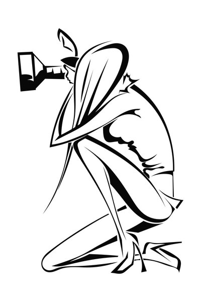 Силуэт женщина фотограф, который смотрит в камеру. Vec
