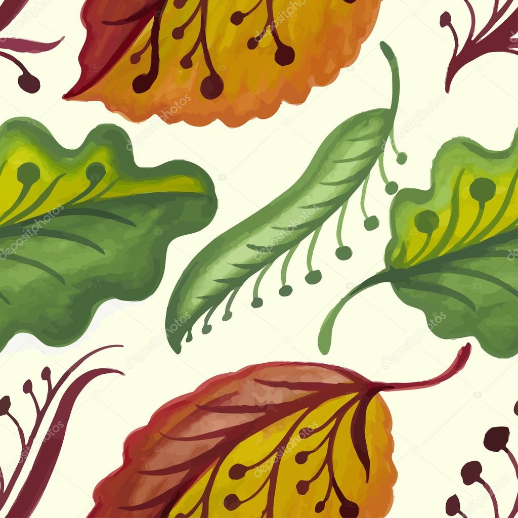 Seamless texture with bright autumn leaves and flowers on a whit