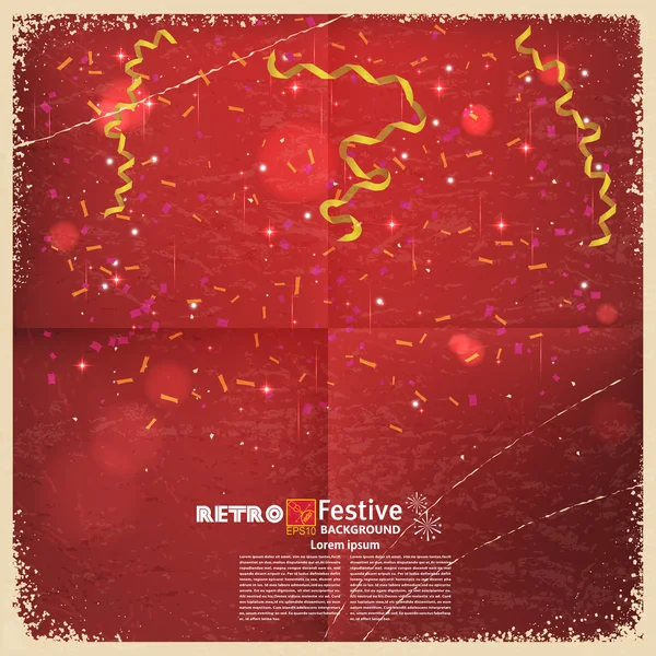 Bandiera festiva con confetti e stelle filanti su retro rosso retrò — Vettoriale Stock