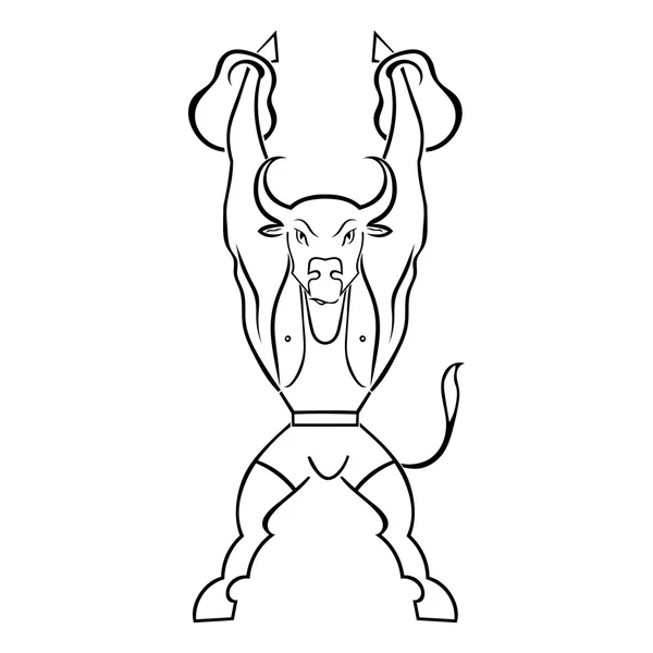 Silueta de un atleta toro con pesos aislados en la espalda blanca — Vector de stock