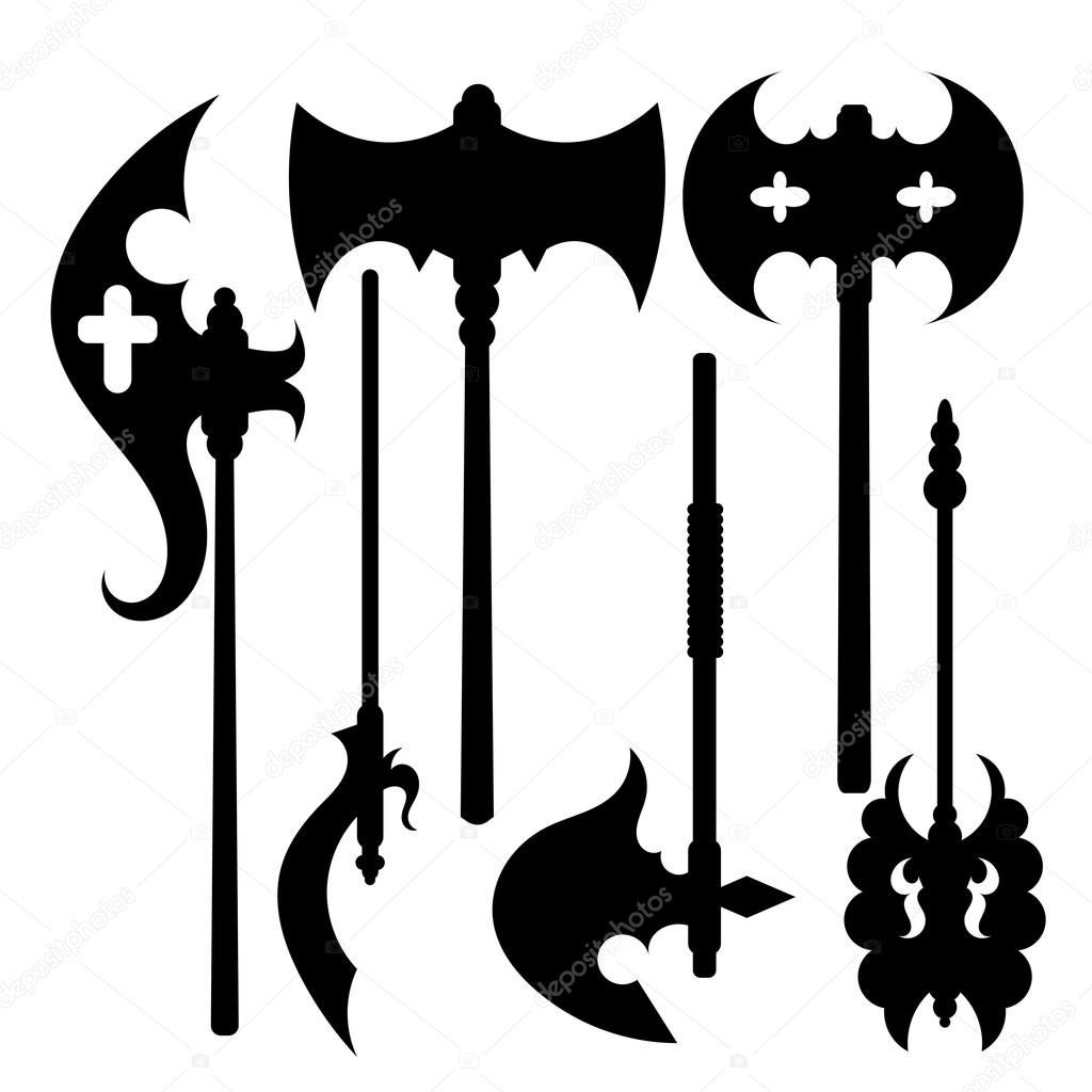Set of silhouettes of weapons. Axes. Vector illustration.