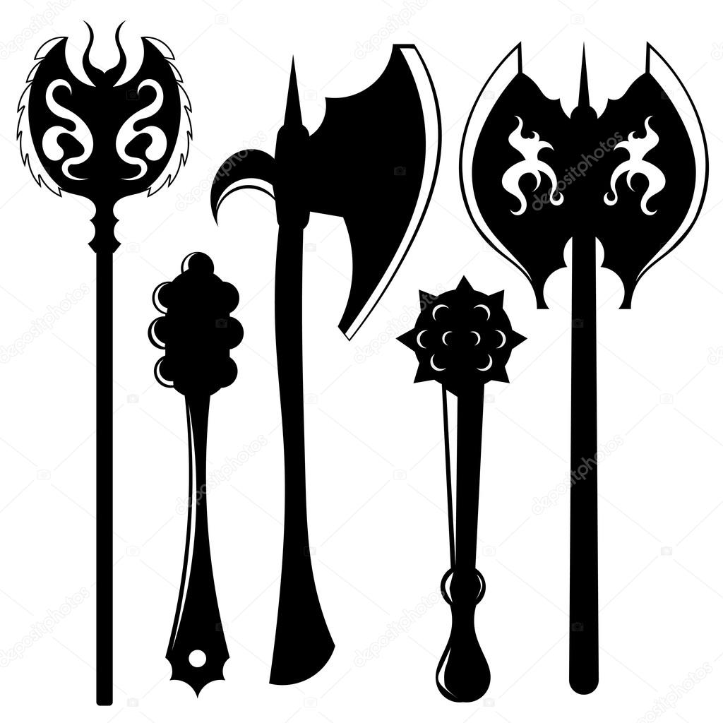 Set of silhouettes of weapons. Axes and maces. Vector illustrati