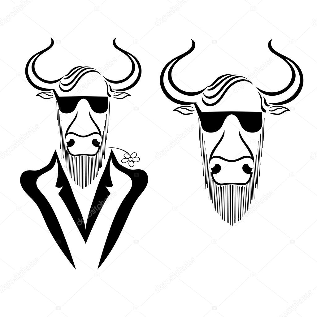 Set a bull in a jacket with chamomile in teeth and glasses isolated on white background. Hipster. Vector illustration.