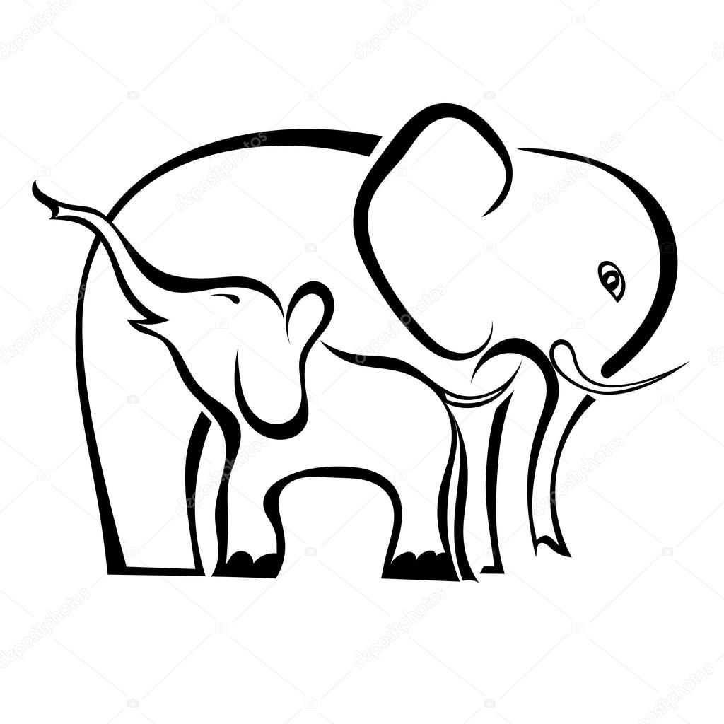 A pair of elephants mother and baby isolated on white background. Symbol of care, love, motherhood. Logo. Vector illustration.
