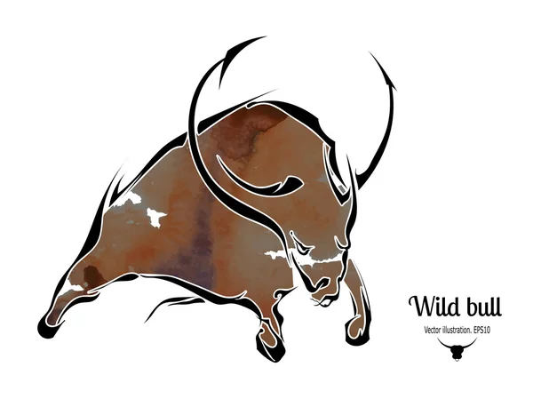 Silueta de un agresivo toro marrón aislado sobre fondo blanco — Vector de stock