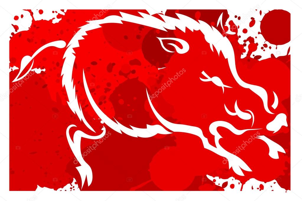 Red background with white silhouette of the wild boar. Watercolo