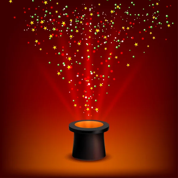 Sombrero de conjurador con rayos y confeti sobre fondo rojo. Vector — Vector de stock