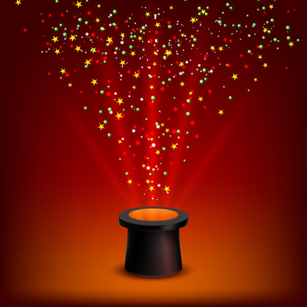 Колдовская шляпа с лучами и конфетти на красном фоне. Вектор
 