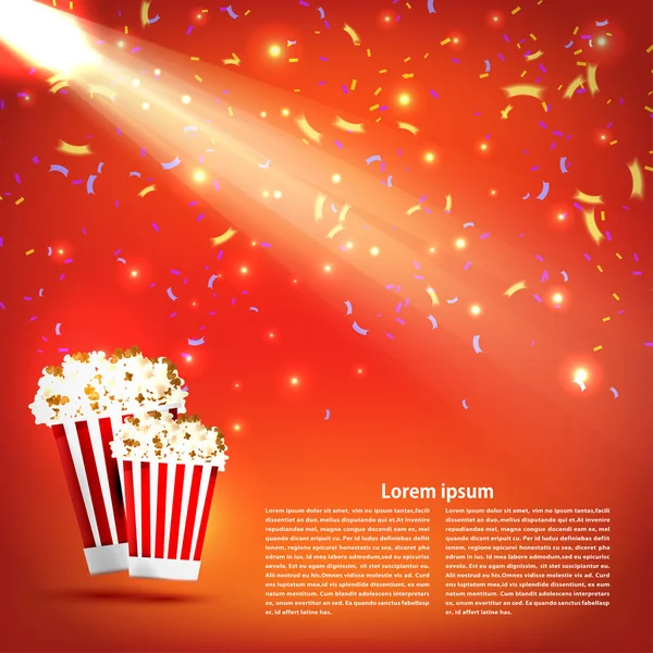横幅戏院与爆米花和红色背景上的聚光灯 — 图库矢量图片