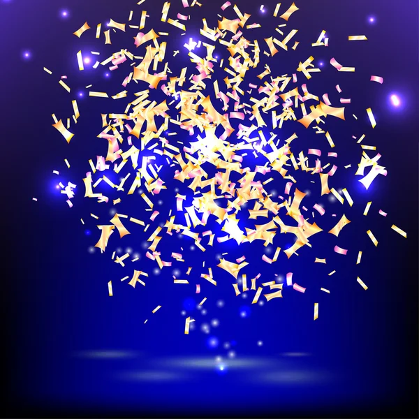 Ljus festligt banner med konfetti på en blå bakgrund. Vektor — Stock vektor
