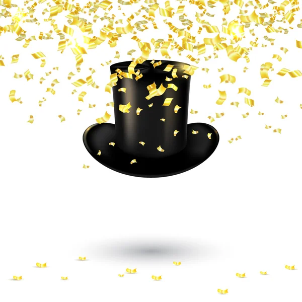 Negro hombres sombrero cilindro sobre un fondo blanco con confeti de oro — Vector de stock
