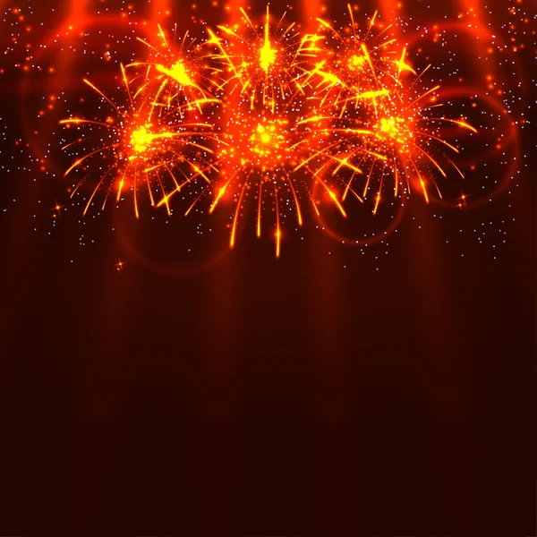 Fényes színes tűzijáték és a piros háttérre sugarak. Holiday — Stock Vector