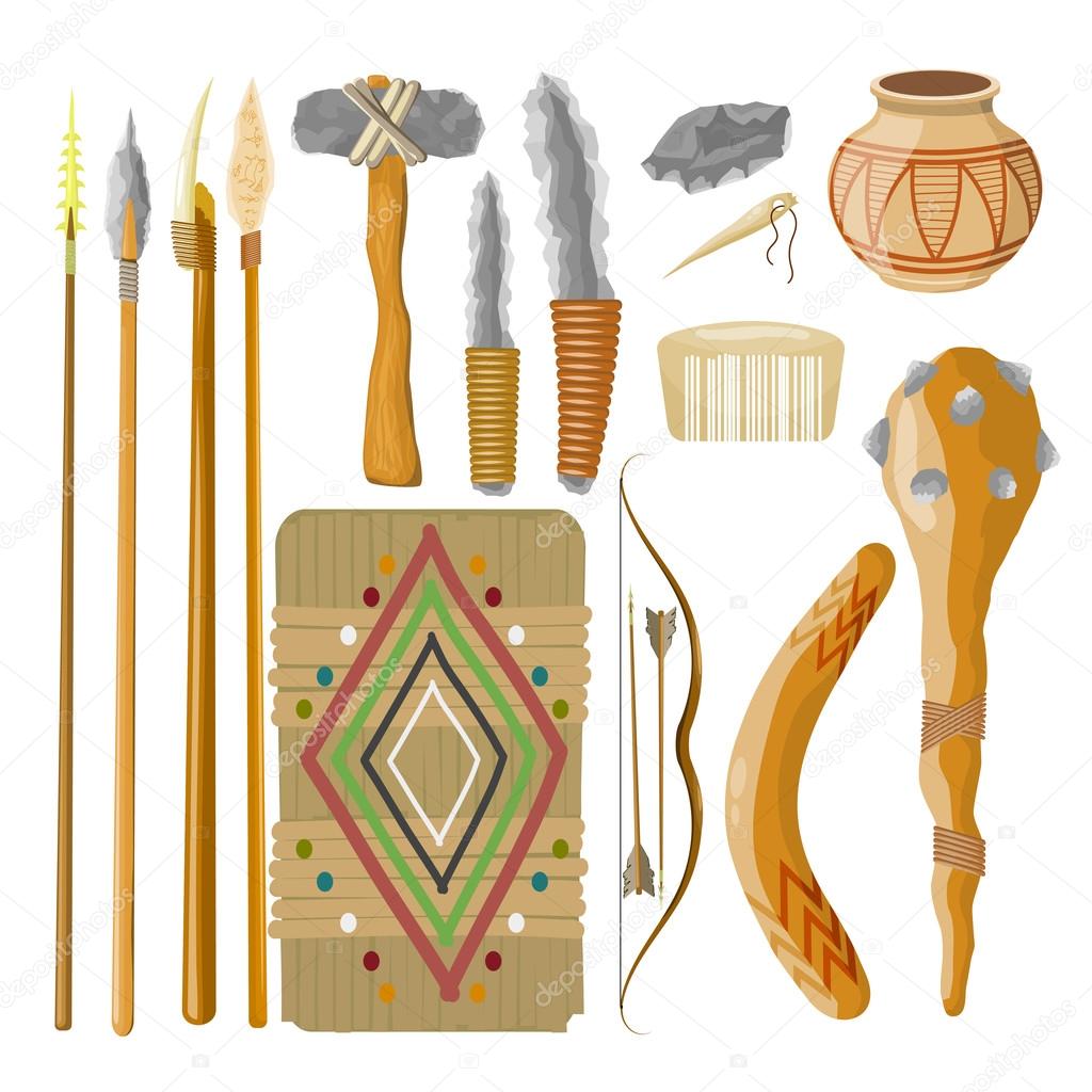 Large Set Items ancient people on white background. Objects rela