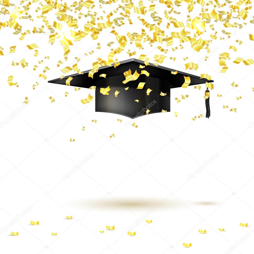 Graduate cap and golden confetti on a white background. Vector i