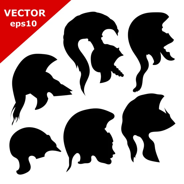 Aantal zwarte silhouetten van oude helmen. vectorillustratie — Stockvector