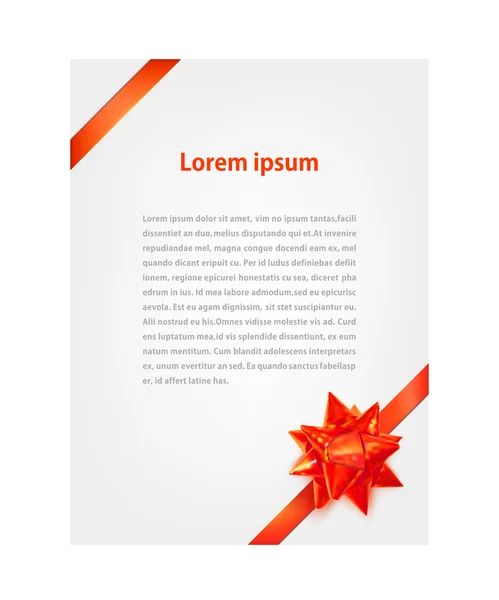 White card with a red bow and ribbons. Design element. Vector il — Stock vektor