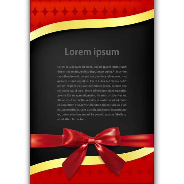 Greeting red card with golden ribbon, red bow and black space fo — Stock Vector