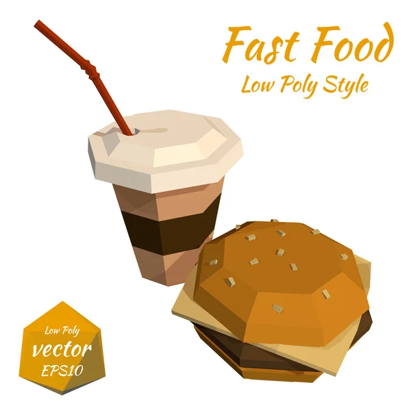 Hamburger und eine Plastikbecher Kaffee und ein Strohhalm auf einem weißen Bac — Stockvektor