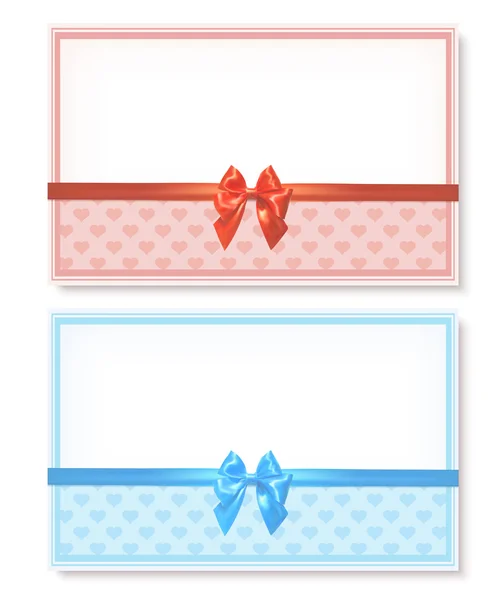 Set of greeting cards with bows of satin ribbons and hearts isol — Stockvector