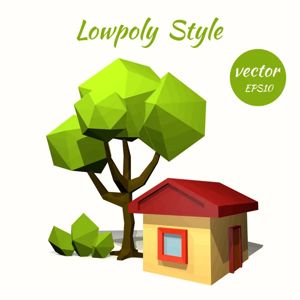 Green tree and a rustic house on a white background. Low poly st — Stock Vector