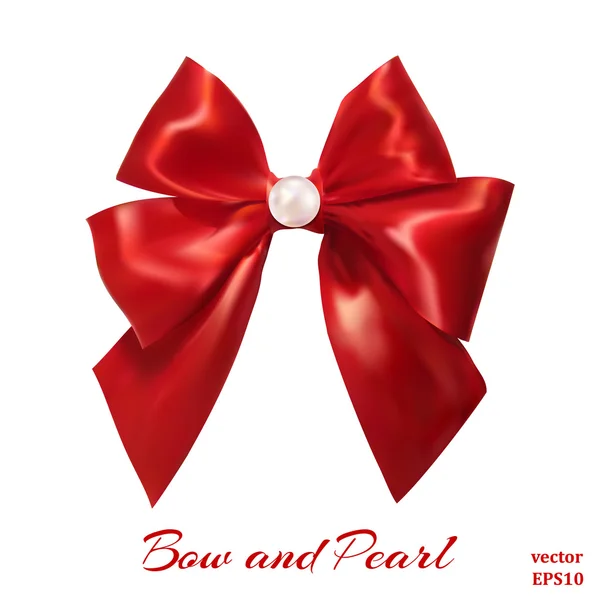 Red satin bow with a pearl pearl isolated on a white background. — Stock vektor