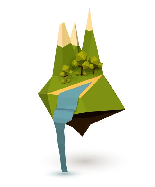 Ilha abstrata com árvores, montanha e uma cachoeira no baixo — Vetor de Stock