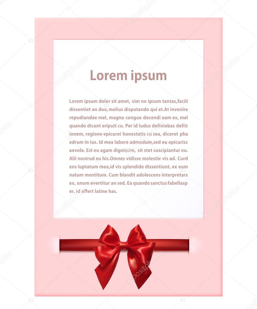 Pink greeting card with red satin bow isolated on white backgrou