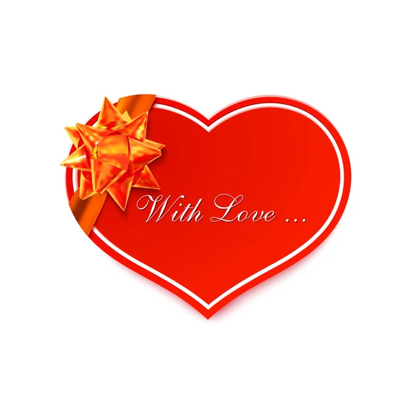 Red romantic card with golden bow heart from paper tape isolated — Stok Vektör