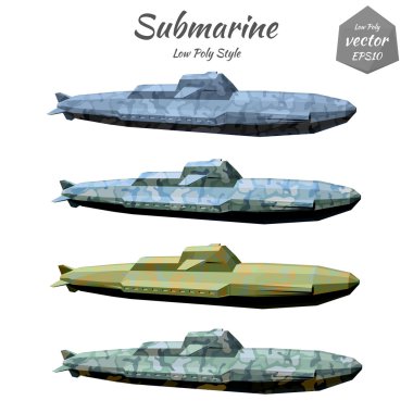 Set submarines khaki isolated on white background. Low poly. Vec