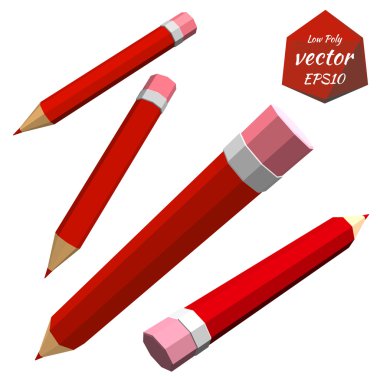 Set of red pencils isolated on white background. Low poly style.