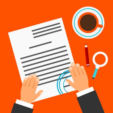 Bright red background with a document, contract, coffee cup, pen