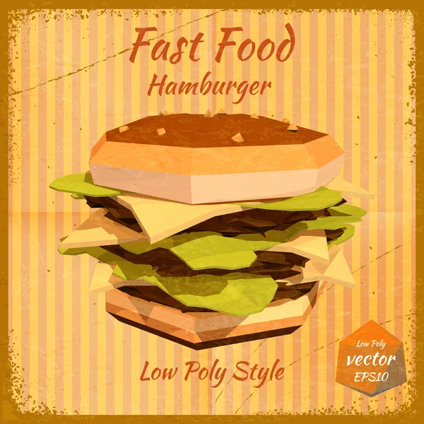 Big hamburger on a retro background in low-polygonal style. Grun — Stockvector