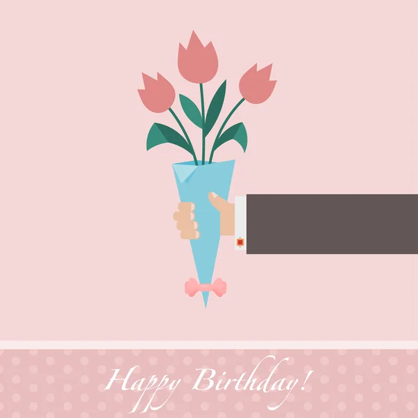 Pink celebratory background with a bouquet of tulips and man's h — 图库矢量图片
