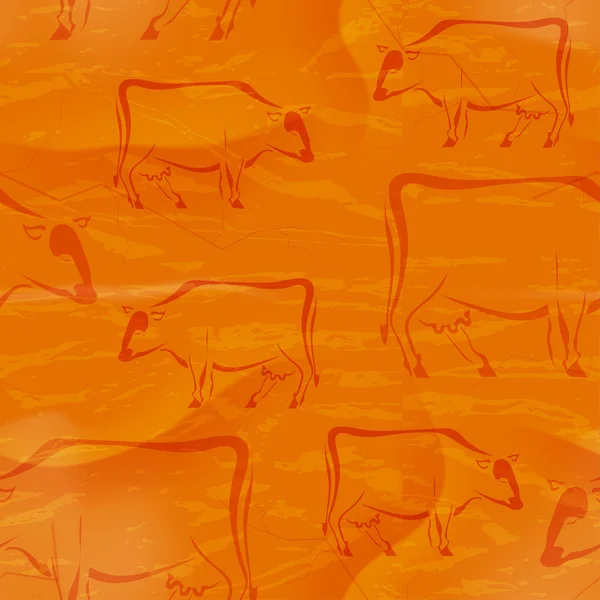 Seamless bright red background with cows in tribal style. Grunge — Διανυσματικό Αρχείο