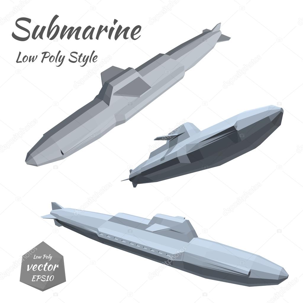Set submarines isolated on white background. Low poly. Vector il