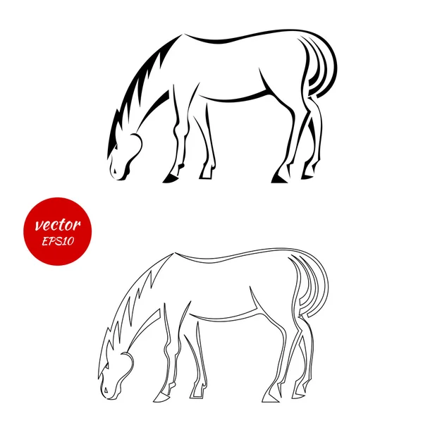 Um conjunto de silhuetas de cavalo que pastam isoladas nas costas brancas — Vetor de Stock