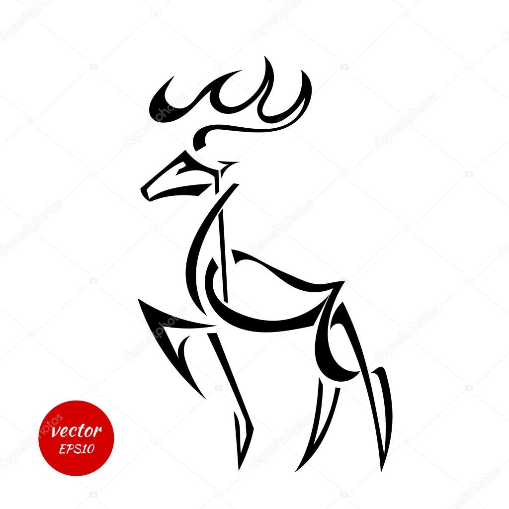 Silhouette of deer with large antlers isolated on white background. Male. Vector illustration.