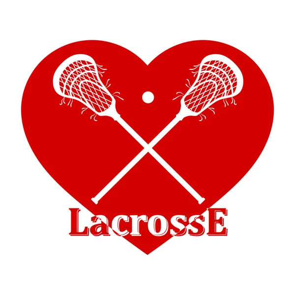 Gekruist lacrosse stok, bal en rood hart. Vectorillustratie — Stockvector