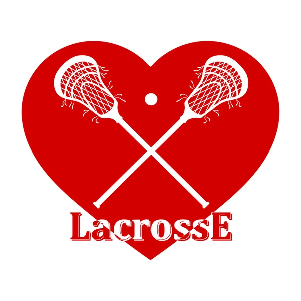 Crossed lacrosse stick, ball and red heart. Vector illustration Stock Illustration