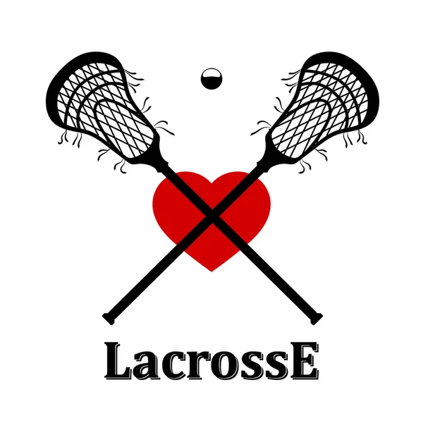 Bastone da lacrosse incrociato, palla e cuore. Illustrazione vettoriale — Vettoriale Stock