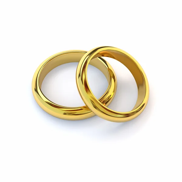 Duas alianças de casamento douradas no fundo branco. Renderização 3d . — Fotografia de Stock