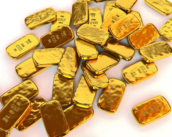 Les lingots d'or sont dispersés sur une surface blanche. Illustration 3D. ren — Photo