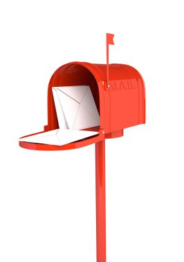 Open red mailbox with letters on white background. 3D illustrati