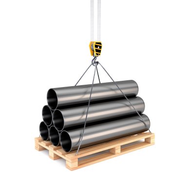 Icon pipe on a pallet with a crane hook isolated on white backgr
