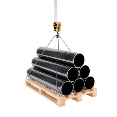 Icon pipe on a pallet with a crane hook isolated on white backgr